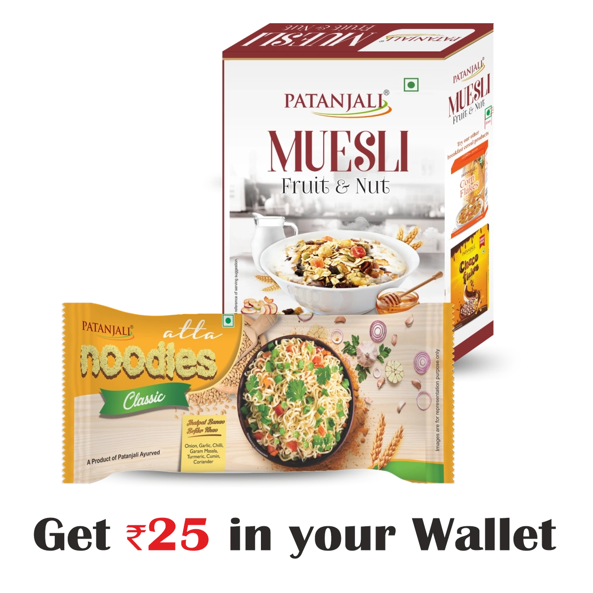 PATANJALI BREAKFAST CEREALS - MUESLI FRUIT & NUT 450G+ATTA NOODLES CLASSIC F.PACK 240 G - Rs 25 Off